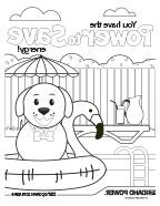 Image of a coloring page with a dog in a pool floaty on it