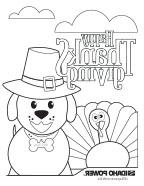 Image of a coloring page with a dog and a Thanksgiving turkey on it