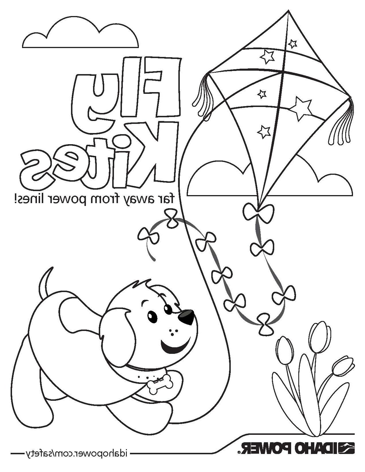 Image of dog and a kite saying "fly kites far away from powerlines"