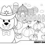 Image of a coloring page with a dog in front of a barn and pumpkin patch on it