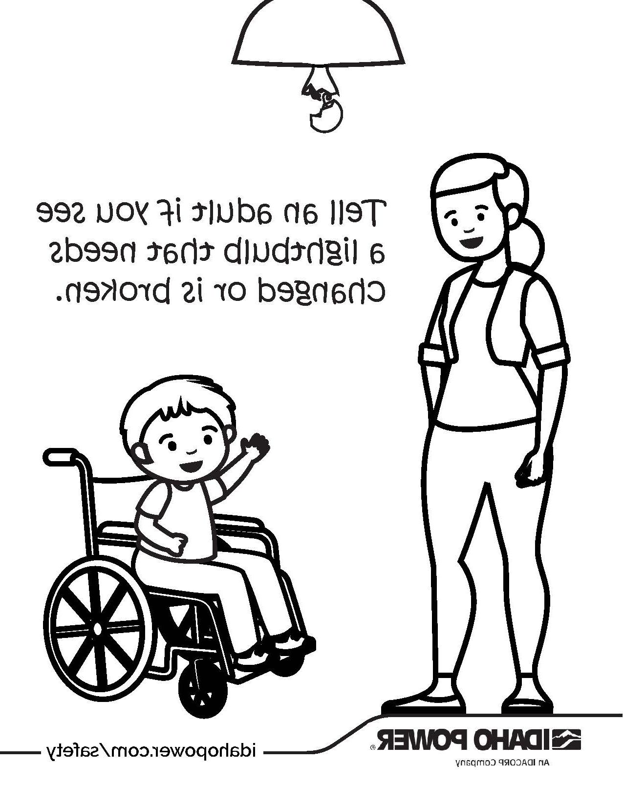 Coloring page of a boy and woman that says, Tell an adult if you see a lightbulb that needs changed or is broken